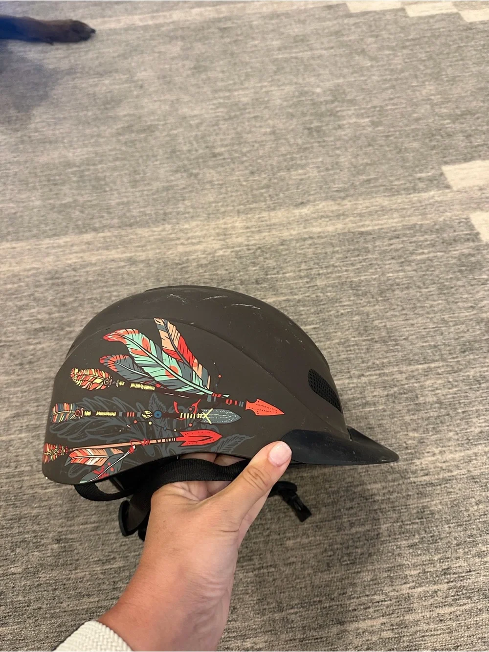 Kids Matte Black Helmet with Colorful Feather Design - Picture 1 of 4